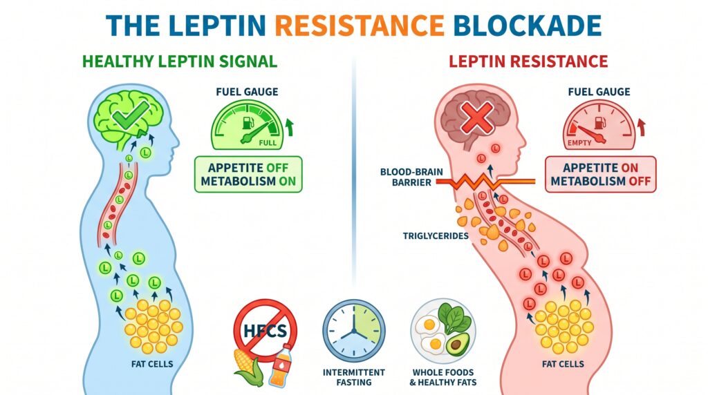 Leptin resistance tricks your brain into starvation mode, blocking weight loss despite excess fat. Learn how to reset your hormonal thermostat and break the plateau.