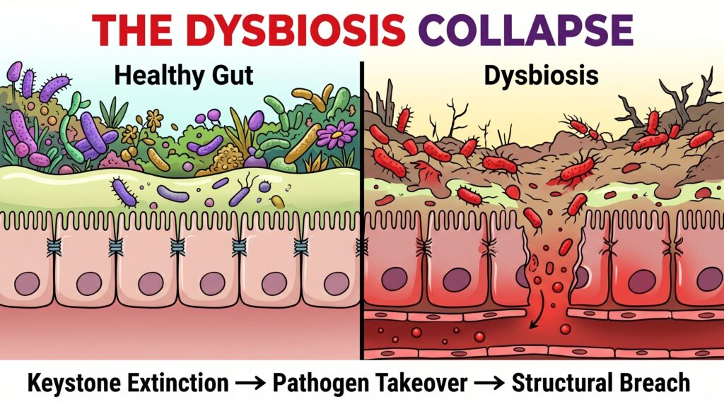 Dysbiosis is a silent gut collapse driving inflammation, insulin resistance, and weight loss resistance. Learn the 3-stage blueprint to restore your microbiome and metabolism.