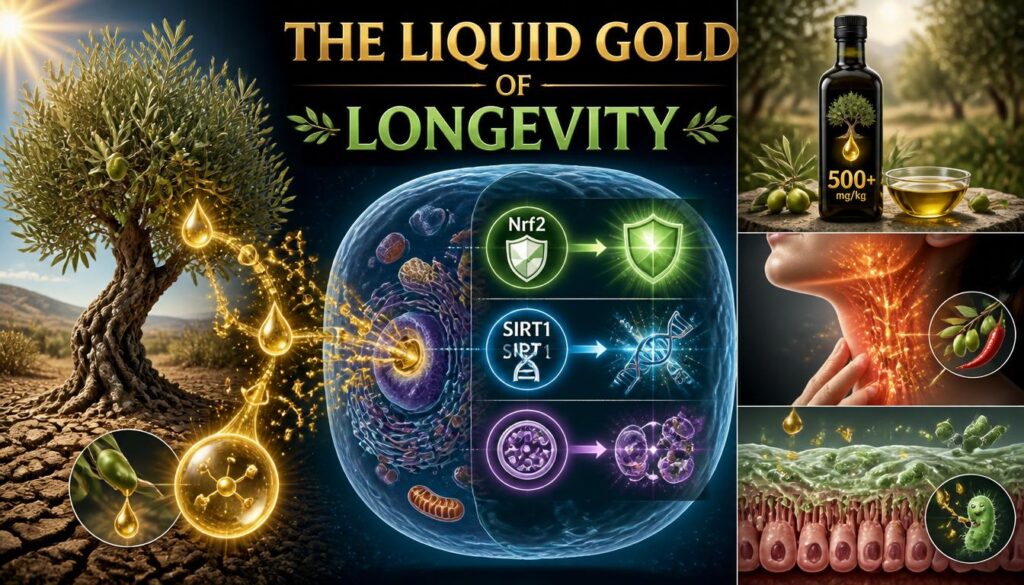 High polyphenol olive oil triggers xenohormesis, activating SIRT1 and Nrf2 for cellular repair. Learn how oleocanthal, oleuropein, and hydroxytyrosol extend healthspan.