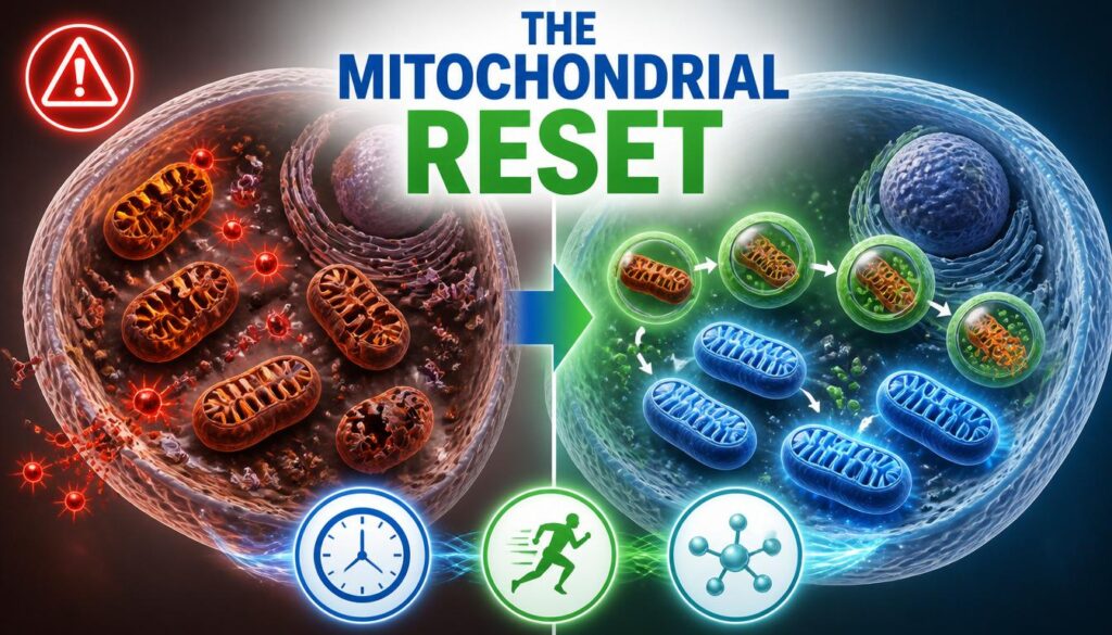 Mitophagy is the cellular reset button for anti-aging and energy. Learn how Urolithin A, fasting, and HIIT trigger mitochondrial recycling for longevity.